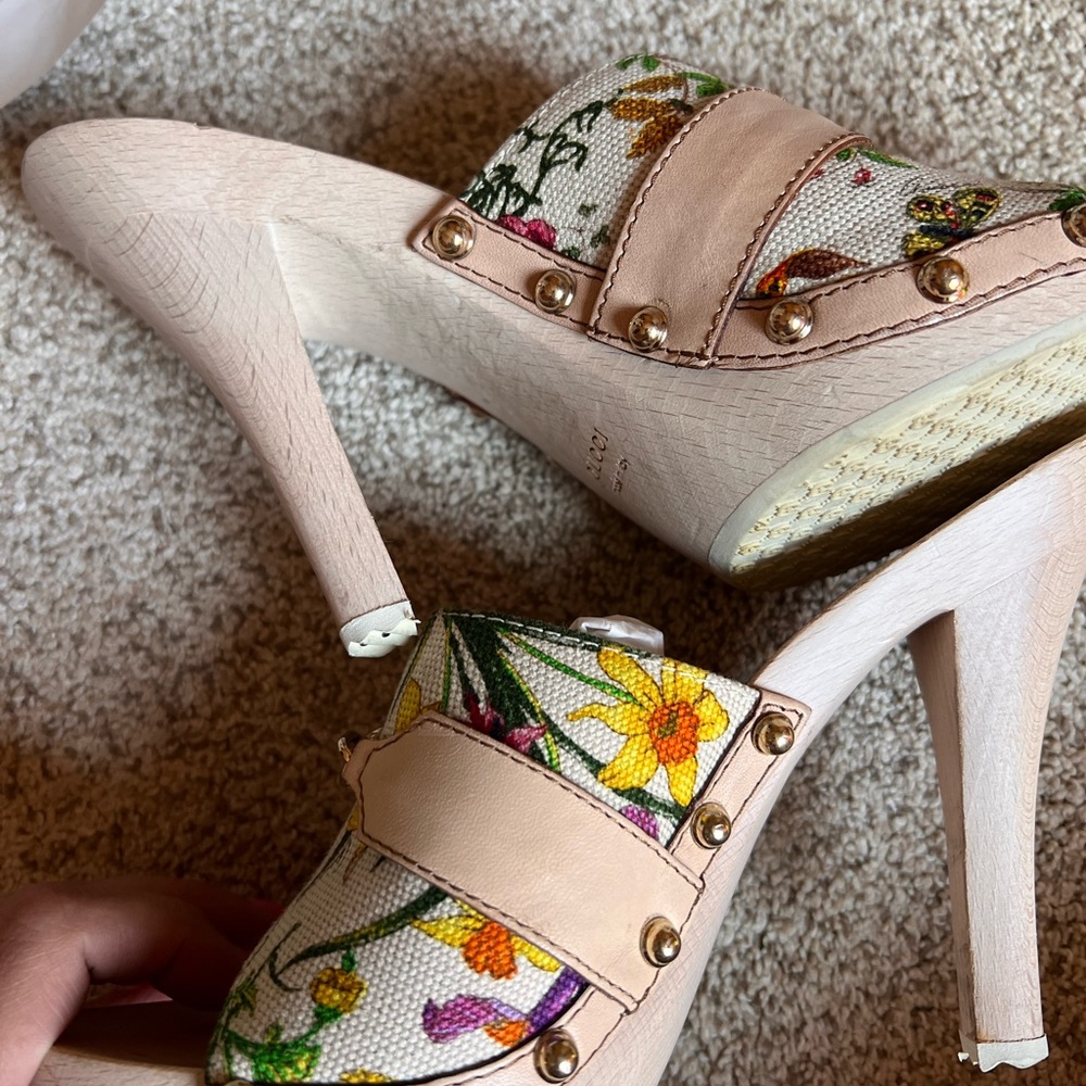 Gucci Floral Canvas Wooden Heels Women’s Size 8 Cream Floral Print Pattern - Picture 3 of 15